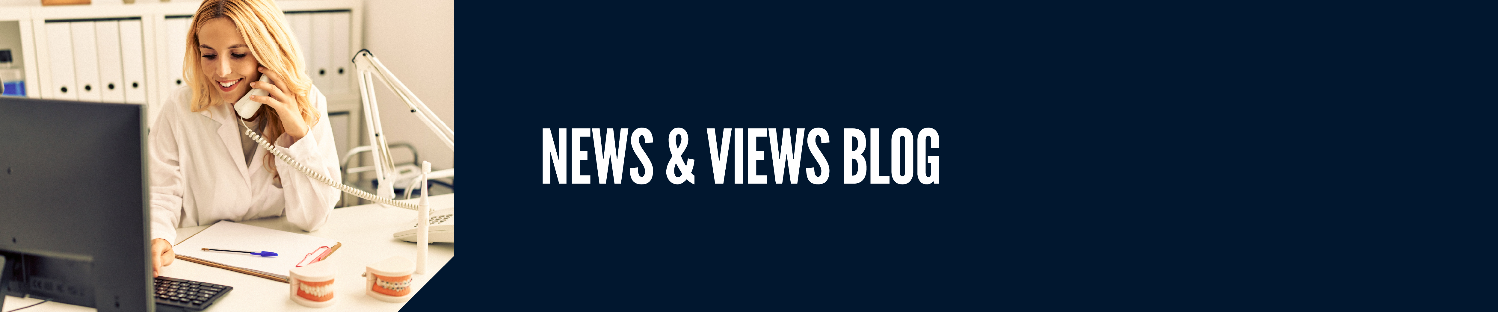 News and views banner text with image of a lady sitting in front of computer.